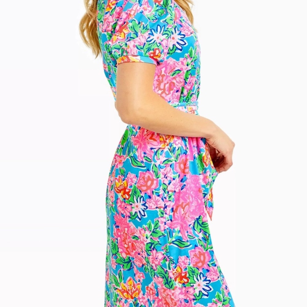 Lilly Pulitzer Vibrant Floral Midi Dress in Blue and Pink with belt. Size small - Picture 3 of 7